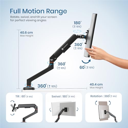 Image of Portronics Aerolift Solo Gas Spring Monitor Arm, Desk Mount for 13-32 Inch Screens, VESA 75x75 & 100x100 mm, Full Motion Tilt /Swivel /Rotation, C-Clamp & Grommet Installation, Aluminium Build