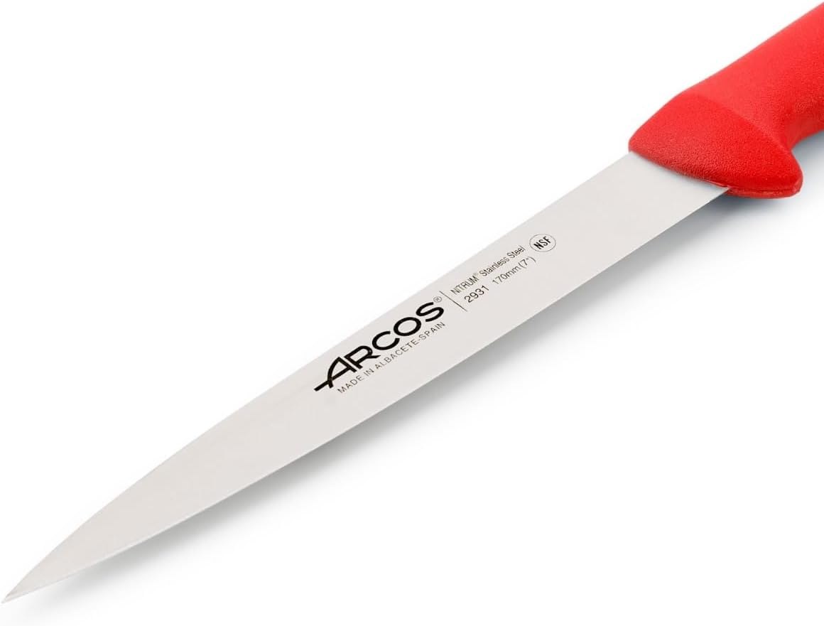 Arcos Sole Knife/Fish Knife 7 Inch Nitrum Stainless Steel and 170 mm Blade. Designed for handling and preparing fish. Ergonomic Polyoxymethylene POM Rosewood Handle. Series 2900. Color Red.