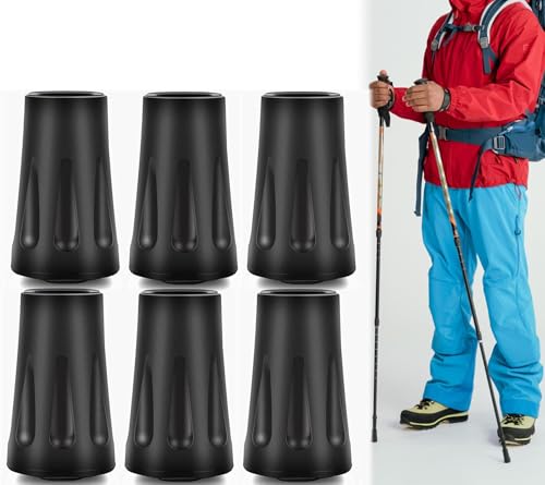 6-Pack Heavy Duty Walking Stick Tips - Reinforced Rubber Ferrules for Trekking Poles Hiking Sticks & Canes - Universal Fit Non-Slip Replacement Caps