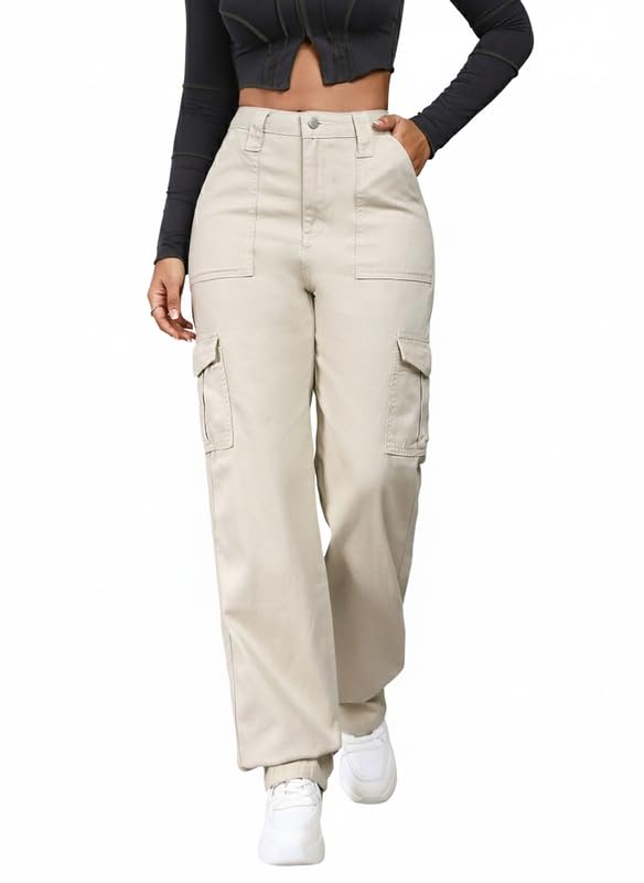 Image of Amazon Brand - INKAST Women Multi-Pocket Denim Cargo Pants Casual Fit Stylish Trousers