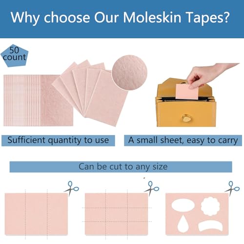 Image of 50 Sheets Moleskin Padding, Mole Skin for Feet Adhesive Pads, Moleskin for Blisters Prevention, Mole Skin Tape for Boots Hiking Reduce Friction Pain