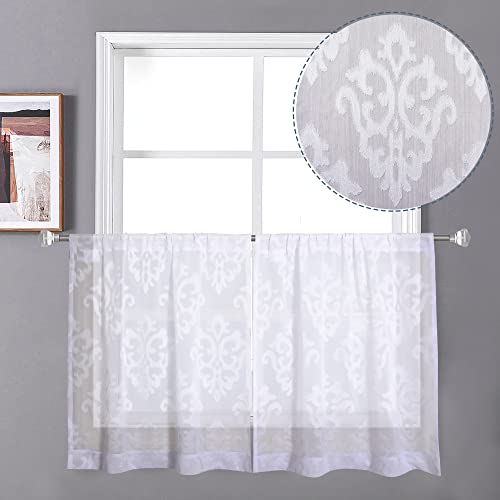 Owenie Sheer Kitchen Curtains, European Floral Design Tier Window Curtains, Soft Faux Silk Jacquard Cafe Curtains Rod Pocket Small Half Window Treatment Set Short Curtains, 30" X 36", White, Set Of 2 #TOP14