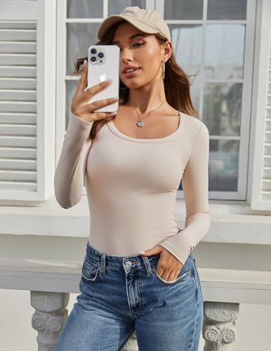 Hotouch Camiseta De Canalé Manga Larga para Mujer Algodón Cuello Redondo Elástica Elegante Ajustada Jersey Básica Tops Champán S