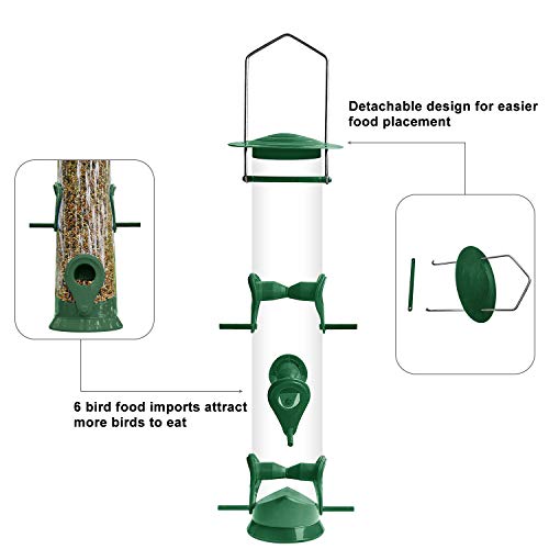ERYTLLY Bird Feeder Classic Tube Hanging Feeders for All Kinds of Birds,Weatherproof, Advanced Hard Plastic with Metal Hanger (1 Pack) (Green 6 Ports Bird Feeder-1 Pack) - Thumbnail 7