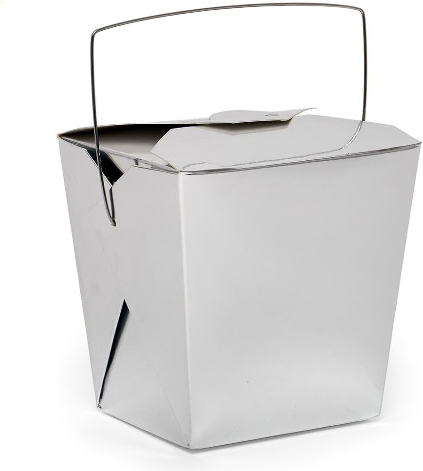 Paper Mart Metallic Silver Chinese Take out Boxes, 4 x 3.5 x 4 Inches, Pack of 72 Chinese Food Containers for Gifts or Favors, Wedding or Christmas Gift Box