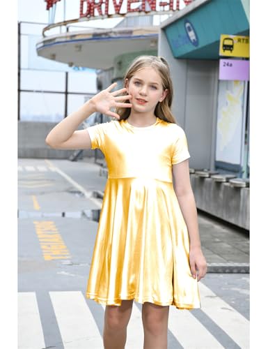 Girls Metallic Dress Kids Sparkly Shiny Dresses Short Sleeve Twirl Swing Dresses2