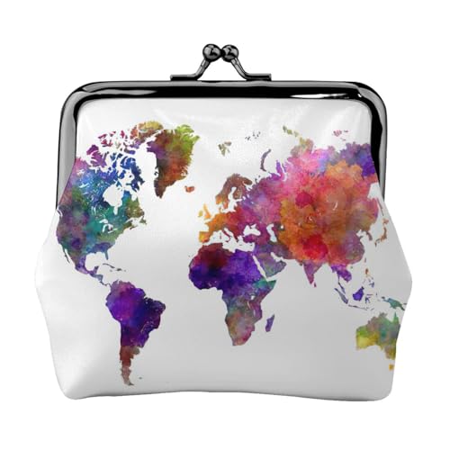 Women's Vintage Kiss Lock Color Map Print Coin Purse,Lightweight Pu Leather Mini Wallet Pouch for Coins and Cards