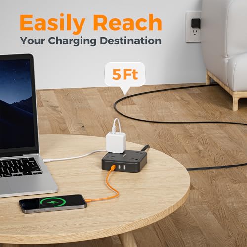Surge Protector Flat Extension Cord 5FT, TESSAN Flat Plug Power Strip with 4 Outlets 3 USB C Ports (1 USB C), 900 Joules Protection, Multiple Wall Outlet Extender Suitable for Home Office Dorm, Black - Image 6