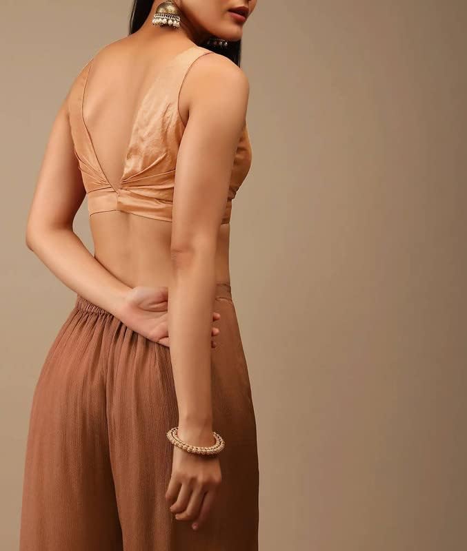 Fashnkart Readymade Indian Bollywood Satin Silk Saree Blouse Women's Solid Plain Top Sleeveless, V-Neckline Sari Choli