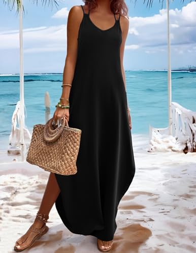 Zeagoo Women's Casual Sundress Summer Maxi Sleeveless V Neck Split Boho Beach Dress Travel Vacation Dress with Pockets2