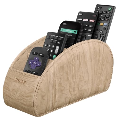 Image of SITHON Remote Control Holder with 5 Compartments - PU Leather Remote Caddy Desktop Organizer Store TV, DVD, Blu-Ray, Media Player, Heater Controllers, Woodgrain Khaki