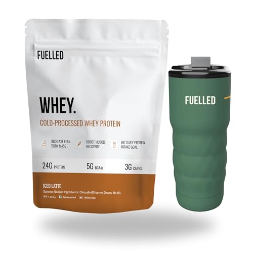 Image of Fuelled Whey Protein Powder Concentrate & Isolate with 24 g Protein, 5 g BCAA (3 kg, 90 Servings) Lab Tested with Premium Metallic Shaker (Iced Latte)