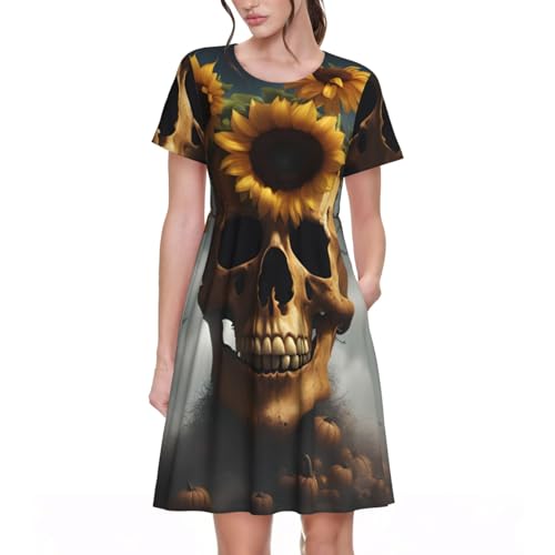 Robe d'été décontractée motif tournesol et crâne Halloween pour femme chic