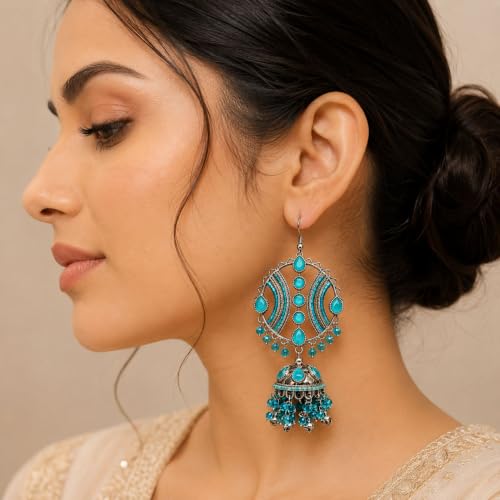 Image of Vintage Style Blue Jhumkas, Oxidised Silver, Traditional Design with Beaded Drops for Women & for Girls, Maula mere maula song inspired earrings