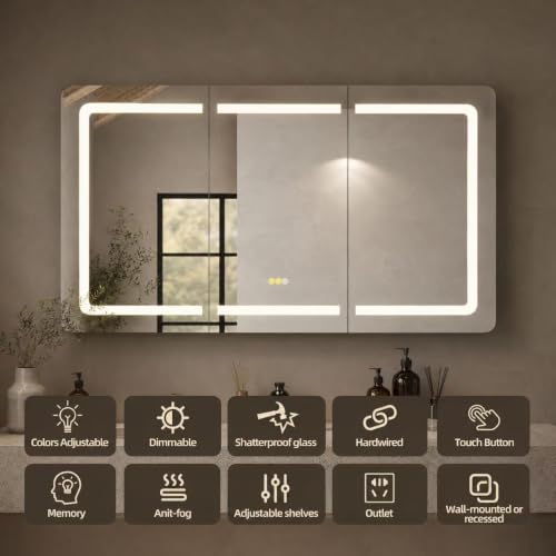 Armario-espejo LED para baño de 60" x 32", 3 puertas | Montaje en pared o empotrado, iluminación regulable frontal y función antivaho, estantes ajustables, diseño moderno en aluminio miniatura 4