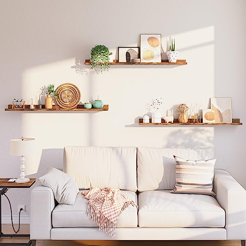 Image of HOOBRO Floating Shelves, Wall Shelf Set of 3, 47.2 Inches Hanging Shelf with Raised Edge and Invisible Brackets, for Bathroom, Bedroom, Kitchen, Office, Living Room Decor, Rustic Brown BF92BJ01