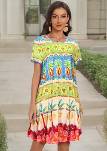 Image of My Sky Summer Dresses for Women 2026 Casual Short Sleeves Tshirt Flowy Beach Plus Size Sundress with Pockets