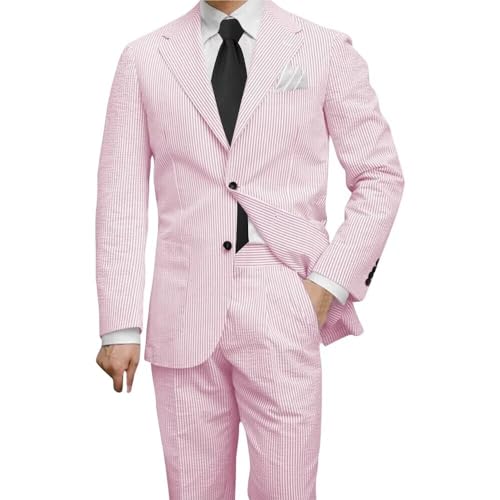 Men's 2 Piece Suit Seersucker Grooms Wedding Formal Business Suit for Mens Summer Casual Slim Fit Striped Suits Blazer Pants