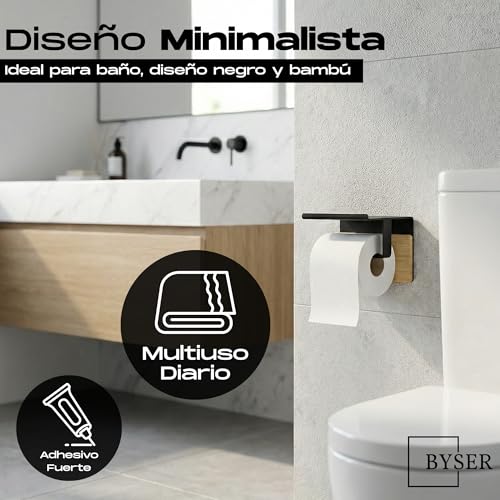 BYSER Portarrollos Papel Higienico Adhesivo con Repisa + 2 Ganchos. De Acero Inoxidable Negro y Bambú. Soporte para Papel Higienico Pared sin Taladro, con Accesorios Baño Modernos - imagen 2
