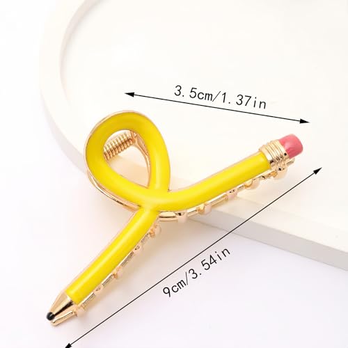 Pinzas para cabello en forma de lápiz amarillas para mujeres, accesorio para el día de regreso a clases, broche metálico divertido para el primer día de escuela miniatura 3