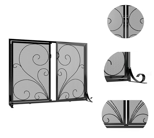 Calidola Fireplace Screen with Double Doors, Heavy Duty Solid Steel Frame, Metal Mesh Spark Guard, Baby Proof Fireplace Gate, Decorative Black Wrought Iron Safety Screen for Wood Stoves and Fireplaces