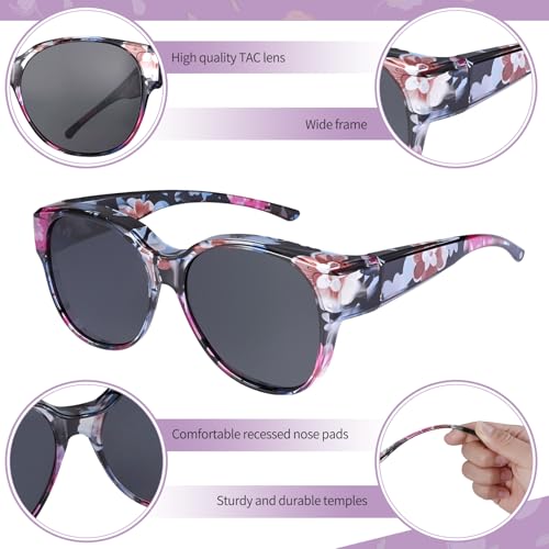 JALEBI 2 Pack Polarized Fit Over Sunglasses for Women, Trendy Sunglasses Over Prescription Glasses, Fashion Square Glasses with UV Protection for Driving, Traveling, Beach (Black + Floral) by JATEBI - Used condition - Image 4