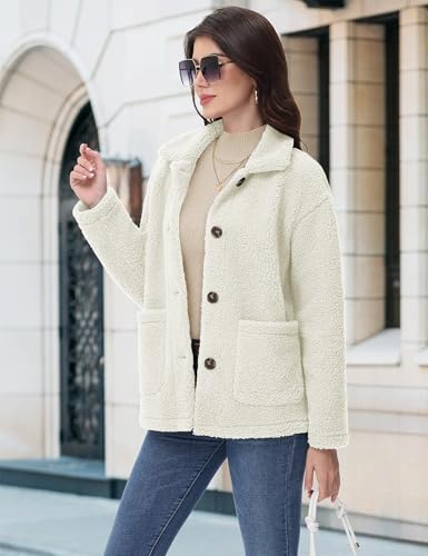 YUCOLEN Womens Fleece Jacket Button Down Sherpa Jacket Long Sleeve Teddy Coat Winter Warm Coat Fuzzy Outerwear with Pockets BeigeWhite XL