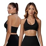 Fiohiros Deep V Neck Sports Bras for Women, Seamless Open Back Removable Pads Adjustable Neck Strap Wireless Workout Yoga Crop Top Bra (UK, Alpha, S, Regular, Regular, Black)