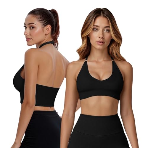 Fiohiros Deep V Neck Sports Bras for Women, Seamless Open Back Removable Pads Adjustable Neck Strap Wireless Workout Yoga Crop Top Bra (UK, Alpha, M, Regular, Regular, Black)