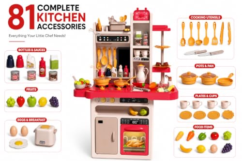 Image of Kids Kitchen Play Set, 81 Pcs Pretend Cooking Set with Water Sink, Lights & Sounds