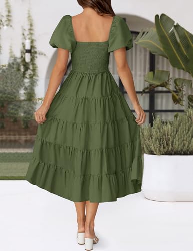 Image of ZESICA Women's 2026 Summer Puff Sleeve Midi Dress 2026 Boho Solid High Waist Flowy Beach Wedding Guest Long Dresses
