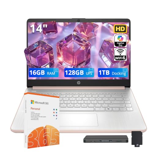 Image of HP Stream 14 inch HD Student & Business Laptop, Intel Processor N150, 16GB RAM, 1.12TB Storage (128GB UFS + 1TB Docking Station), Intel Graphics, 1 Year Office 365, Wi-Fi 6, Win 11, Pale Rose Gold