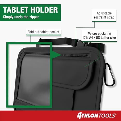 ATHLON TOOLS Najstabilniejszy organizer na fotel samochodowy z uchwytem na tablet, wzmocniony tył, bezpieczny dla żywności, z dodatkowym piórnikiem, biznesowy / dla dzieci, zaprojektowany w Hamburgu