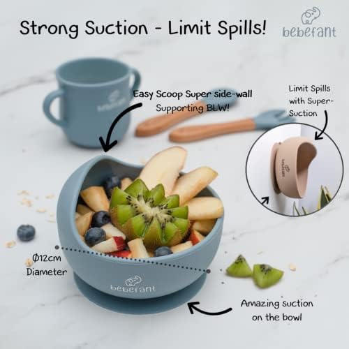 Baby Weaning Set by Bebefant, Suction Bowl, Suction Plate Baby, Cup, Adjustable Bib with Pocket, Bamboo Fork & Spoon for Baby Led Weaning, Baby Feeding Set (Blue)