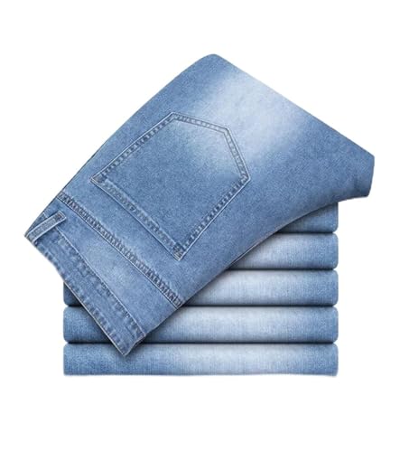 Men's Summer Thin Straight Jeans Loose Business Casual Trousers Soft Breathable Denim Pants with Elastic Waist