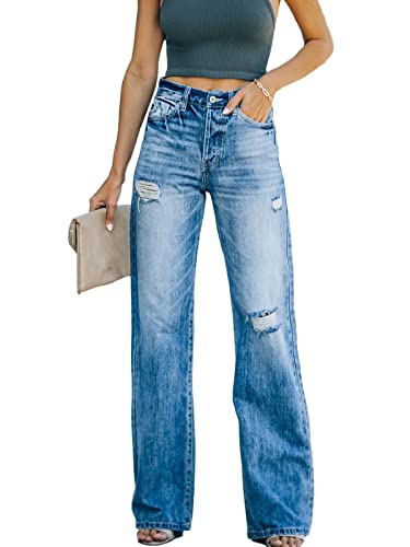 Women High Waisted Ripped Flare Jeans Mid Rise Washed Stretchy Denim Trousers Wide Leg