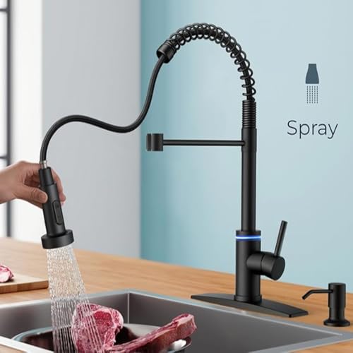 Smart Touch On Kitchen Faucet, 3 Modes Pull Down Sprayer, Touch On Sensor Activated, LED Temperature Control, 360-Degree Rotation, 1 or 3 Hole Deck Plate. 10-Year Warranty. (KW-66R, Matt Black)