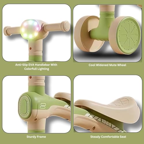 Image of Kids Balance Bike with Music & LED Lights | 4 Wheel Toddler Ride On Toy for 1-5 Years Boys & Girls | Lightweight, Safe & Durable Baby Walker Bike (Green (KB-157))