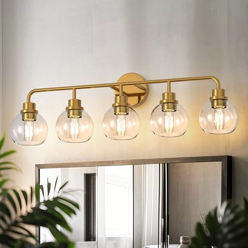 Image of DORESshop Bathroom Light Fixtures, 5-Light Gold Vanity Lights Over Mirror, Wall Lamp Clear Glass for Living Room Decor Bedroom Porch Cabinet