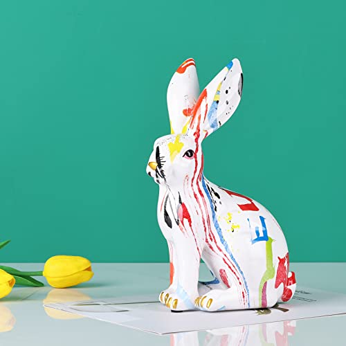 Easter Bunny Statue Creative Graffiti Rabbit Statue Resin Rabbit Figurines Modern Art Animal Collectible Figurines Zodiac Lucky Rabbit Sculpture For Home Office Shelf Desktop Decor Or Easter Gift #TOP3
