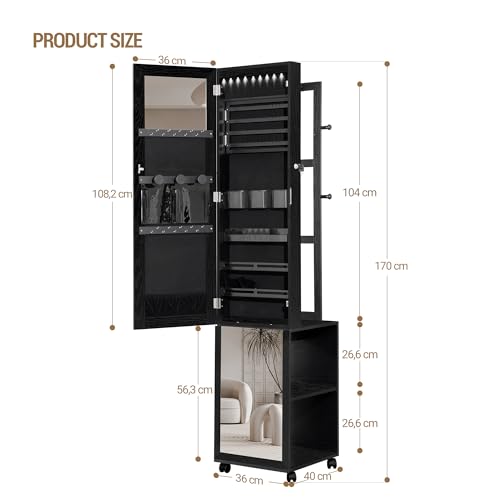 Miniatura 8 de Hzuaneri Armario Joyero 8 Leds, Organizador De Pie Para Joyas Con 1 Perchero, Espejo De Cuerpo Entero Con Cerradura Y 4 Ruedas, Estantes De Almacenamiento De 3 Niveles, Negro Jc17004b