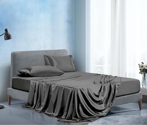 Image of Soft and Silk Satin Bedsheet for Single Bed - 400 TC Romantic Bedsheet Set for Bedroom | Bridal Wedding Bedsheet with Pillow Cover | Ideal for Gifting Dark Grey, Single Bed