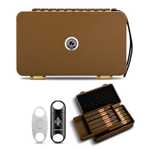 CIGARLOONG Cigar Travel Humidor with Humidifier and Hygrometer,Cigar Case with 2 Cigar Cutters, Holds up to 10 Cigars (Brown)