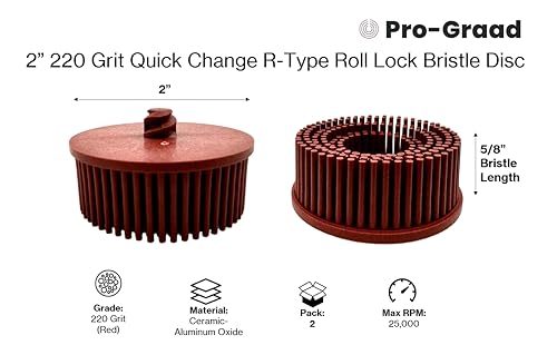 Image of 2 inch 220 Grit Red R-Type Bristle Disc 2 Pack, Ceramic-Aluminum Oxide, Fine Cleaning, Blending, Light Deburring & Pre-Polishing Metal /Wood /Plastic, Quick Change Roll Lock