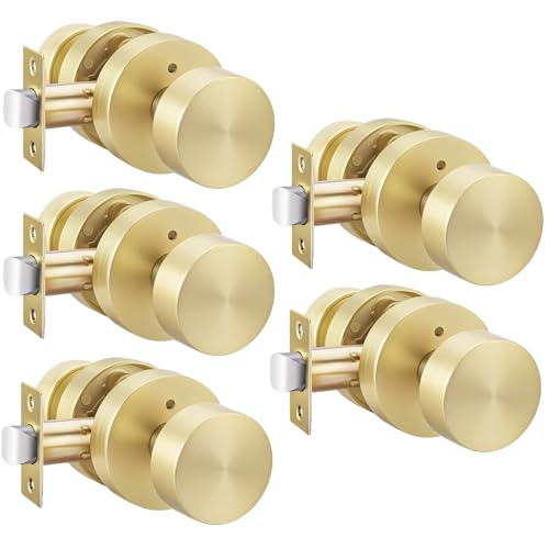 Image of Haidms Brushed Gold Door Knobs Interior, Heavy Duty Zinc-Alloy Privacy Door Knob, Gold Interior Door Knobs for Bedroom & Bathroom, Round Ball Design with Emergency Unlock(5 Pack)