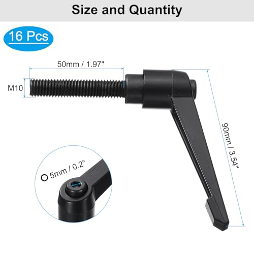 Image of uxcell 16pcs Lever Adjustable Handles M10 x 50mm Metric Male Thread, Level Clamping Handle Hand Stud Knobs Rotating Screw Handles Bolts with Locking Lever, Black