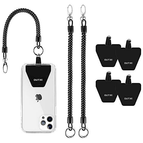OUTXE Phone Lanyard Tether with 4 Patch- 2× Phone Tether, 4× Phone Patch with Adhesive, Compatible with Smartphone- Black Cover