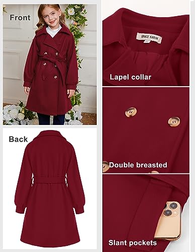 Image of GRACE KARIN Girls Dress Coat Lapel Wool Blend Long Winter Jackets with Pockets Belt 6-16Y