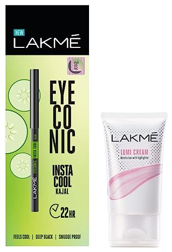 Image of LAKME Lumi Cream, 30 Gm & Lakme Shimmery Eyeconic Insta Cool Kajal, Black, Cooling Kohl Liner With Cucumber, Twist Up Pencil, 0.35 G