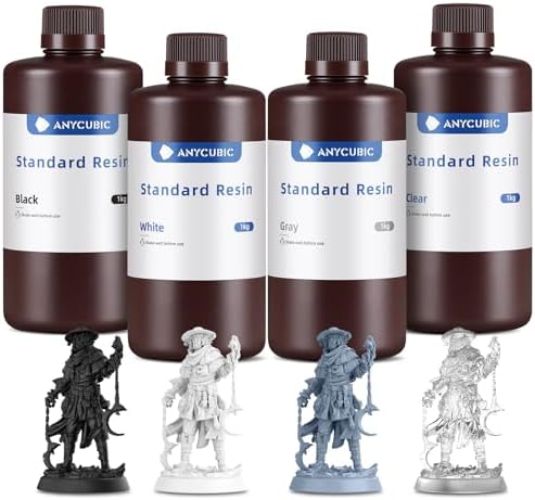 ANYCUBIC 3D Printer Resin Bundle, 405nm SLA UV-Curing Resin with High Precision and Quick Curing & Excellent Fluidity for LCD 3D Printing (Grey+Clear+White+Black,1kg per Bottle, 4kg in Total)